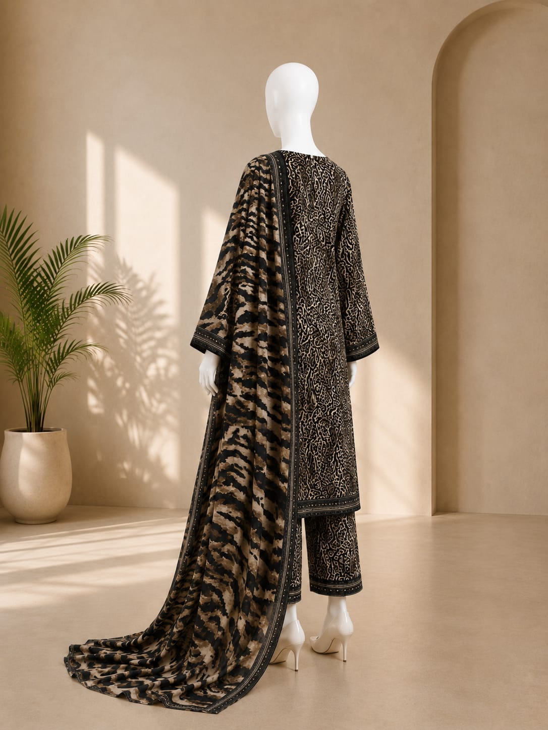 Bin Saeed Lawn 3PC - Black & Beige