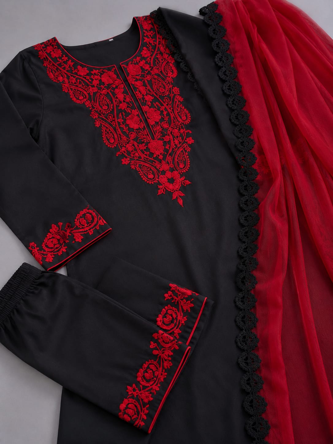 Embroidered Lawn 3PC - Black & Red
