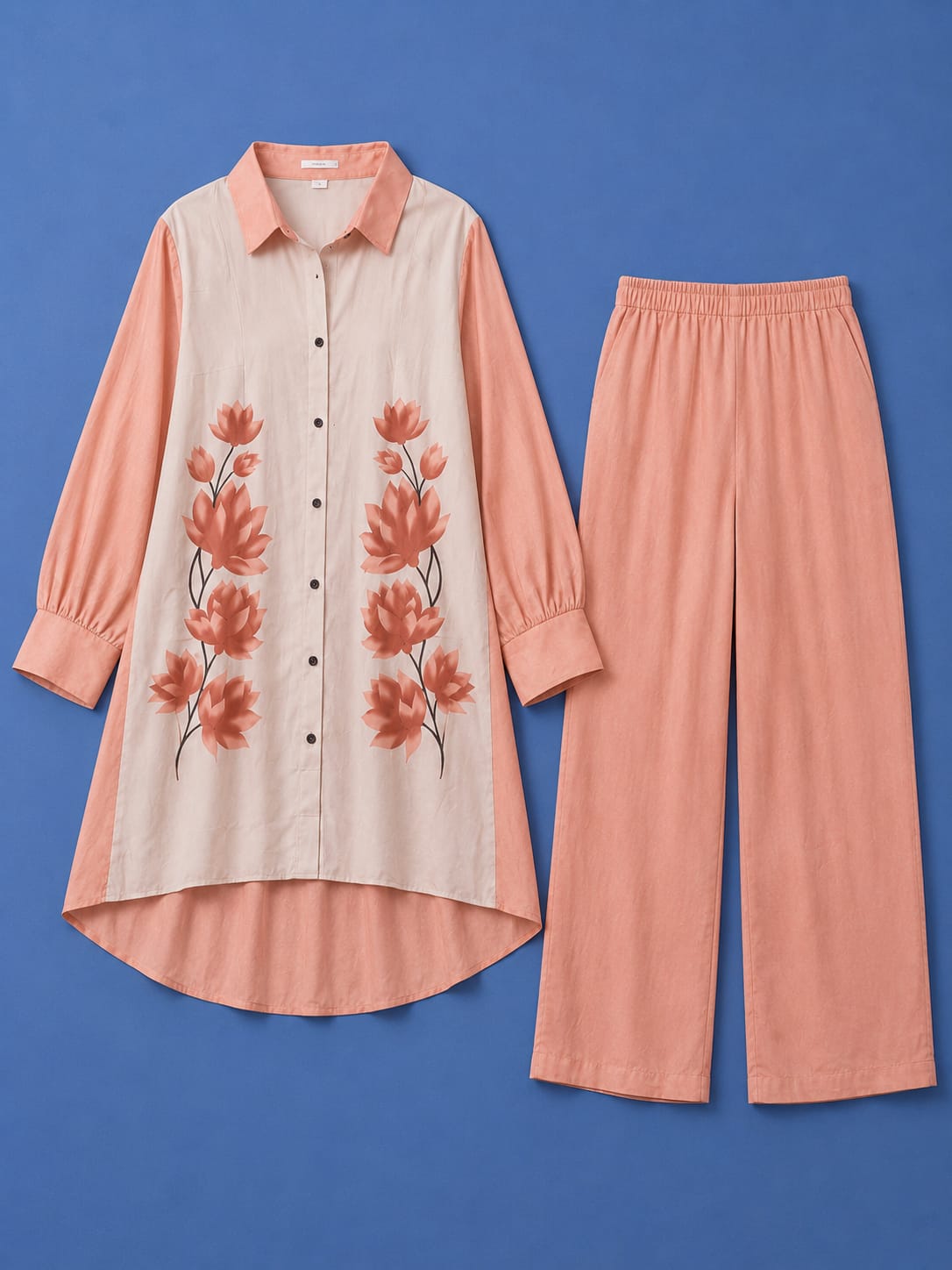 Western Shirt & Trouser Set - Peach & Off White