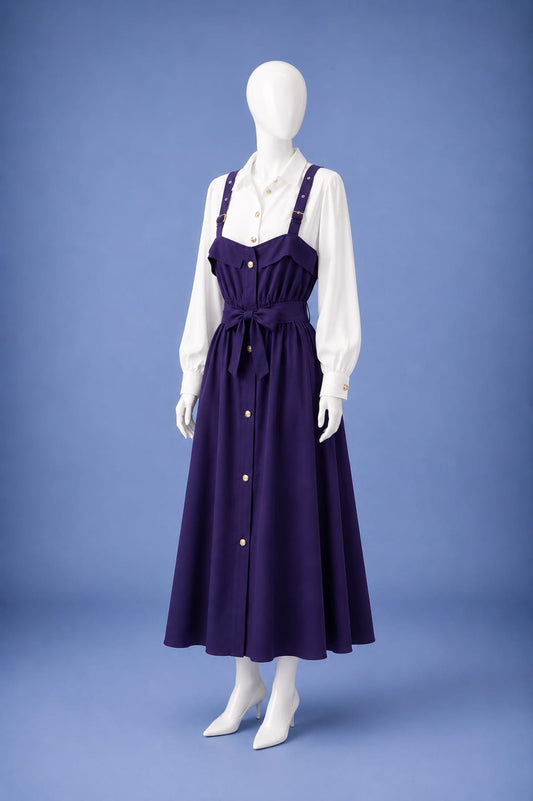 Suspender Midi Dress - Purple & White