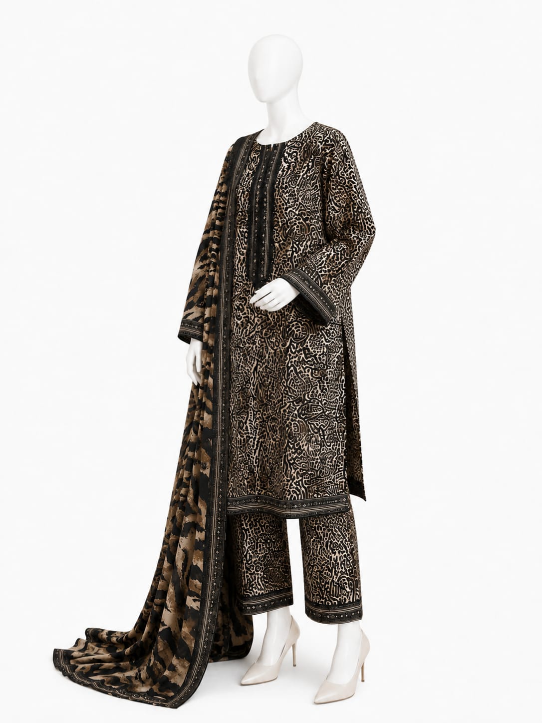 Bin Saeed Lawn 3PC - Black & Beige