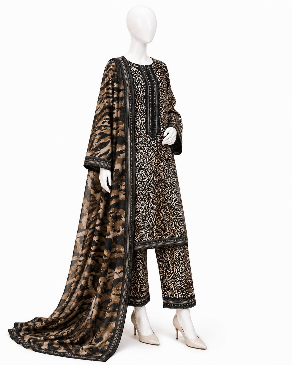 Bin Saeed Lawn 3PC - Black & Beige