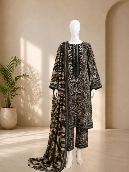 Bin Saeed Lawn 3PC - Black & Beige