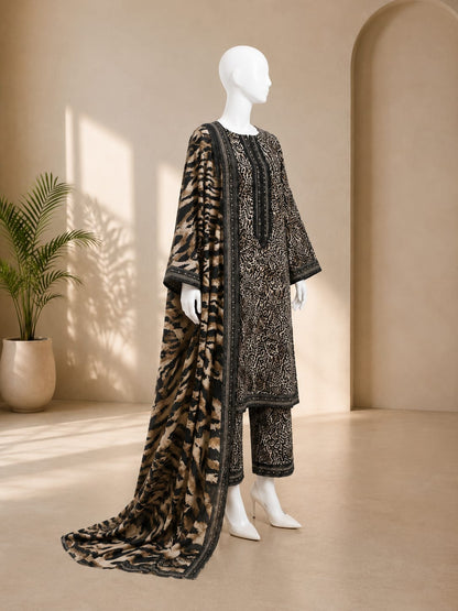 Bin Saeed Lawn 3PC - Black & Beige