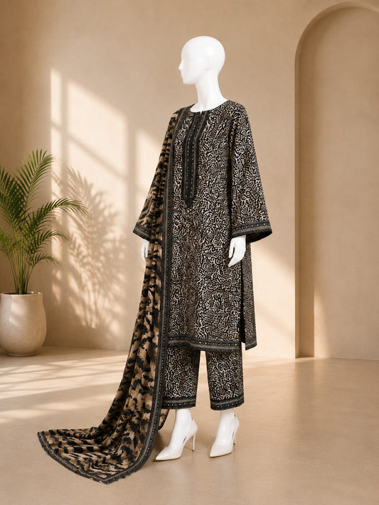 Bin Saeed Lawn 3PC - Black & Beige