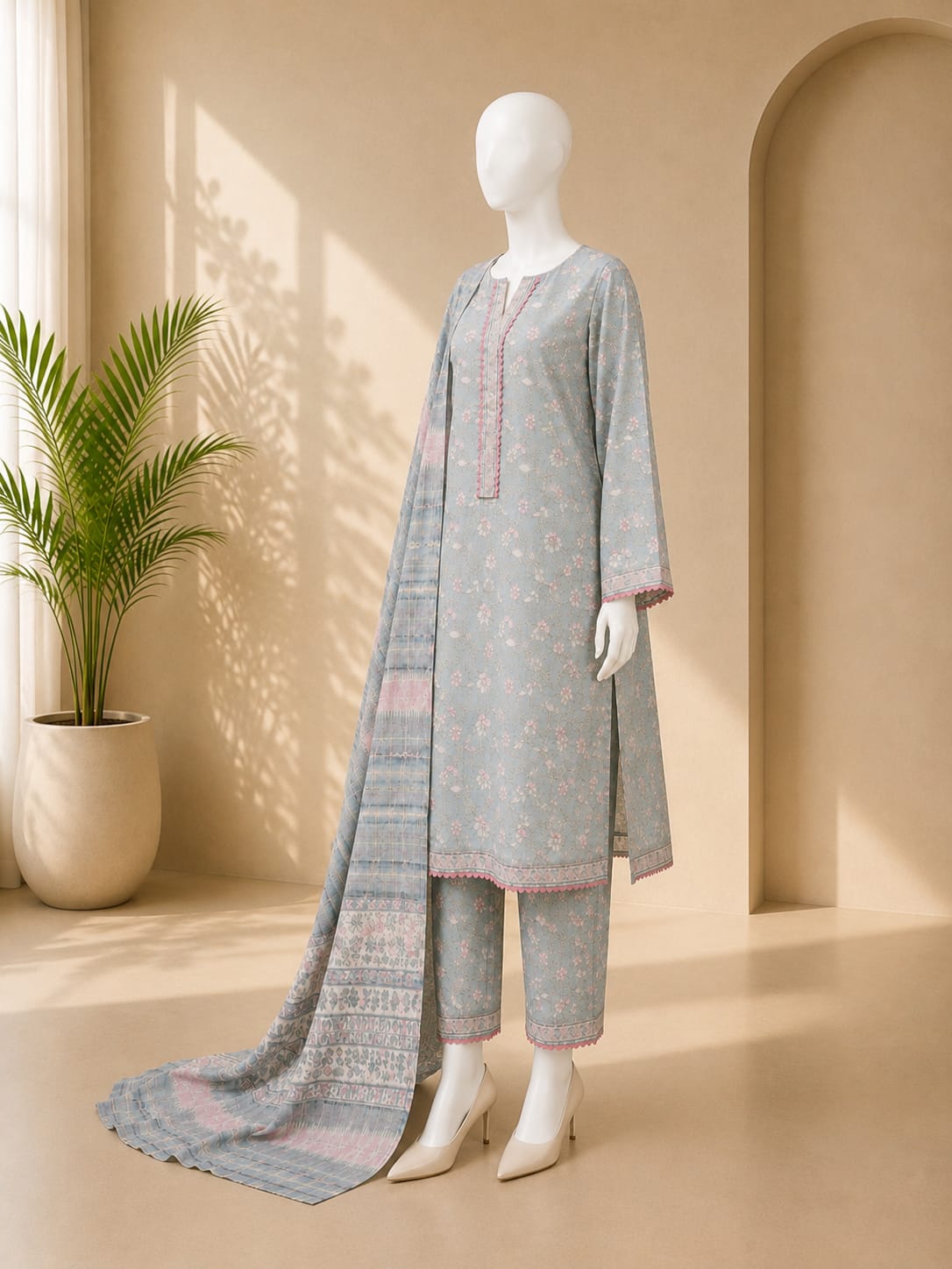 Bin Saeed Lawn 3PC - Light Greyish Blue