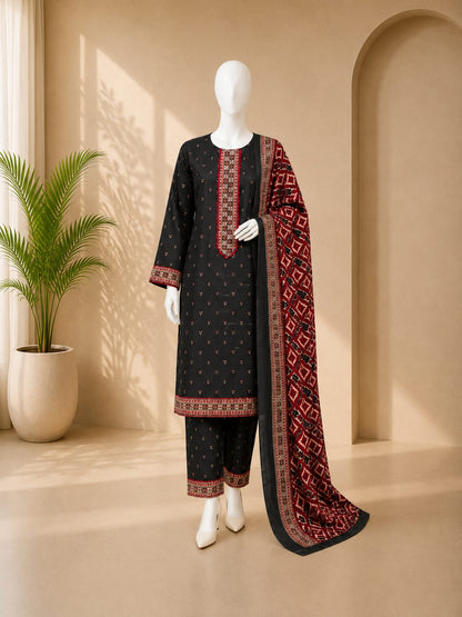 Bin Saeed Lawn 3PC - Black & Red