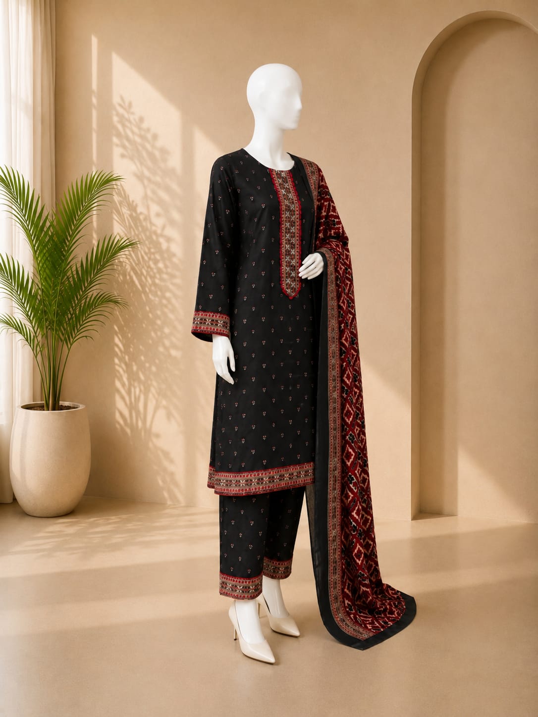 Bin Saeed Lawn 3PC - Black & Red