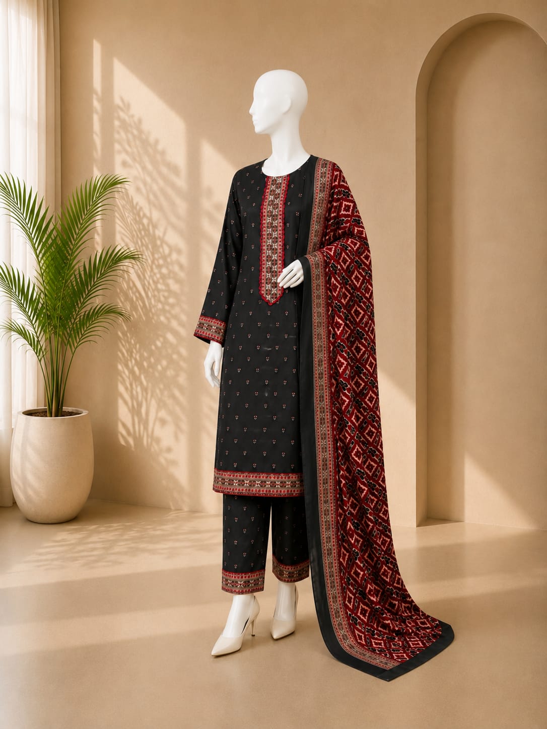 Bin Saeed Lawn 3PC - Black & Red
