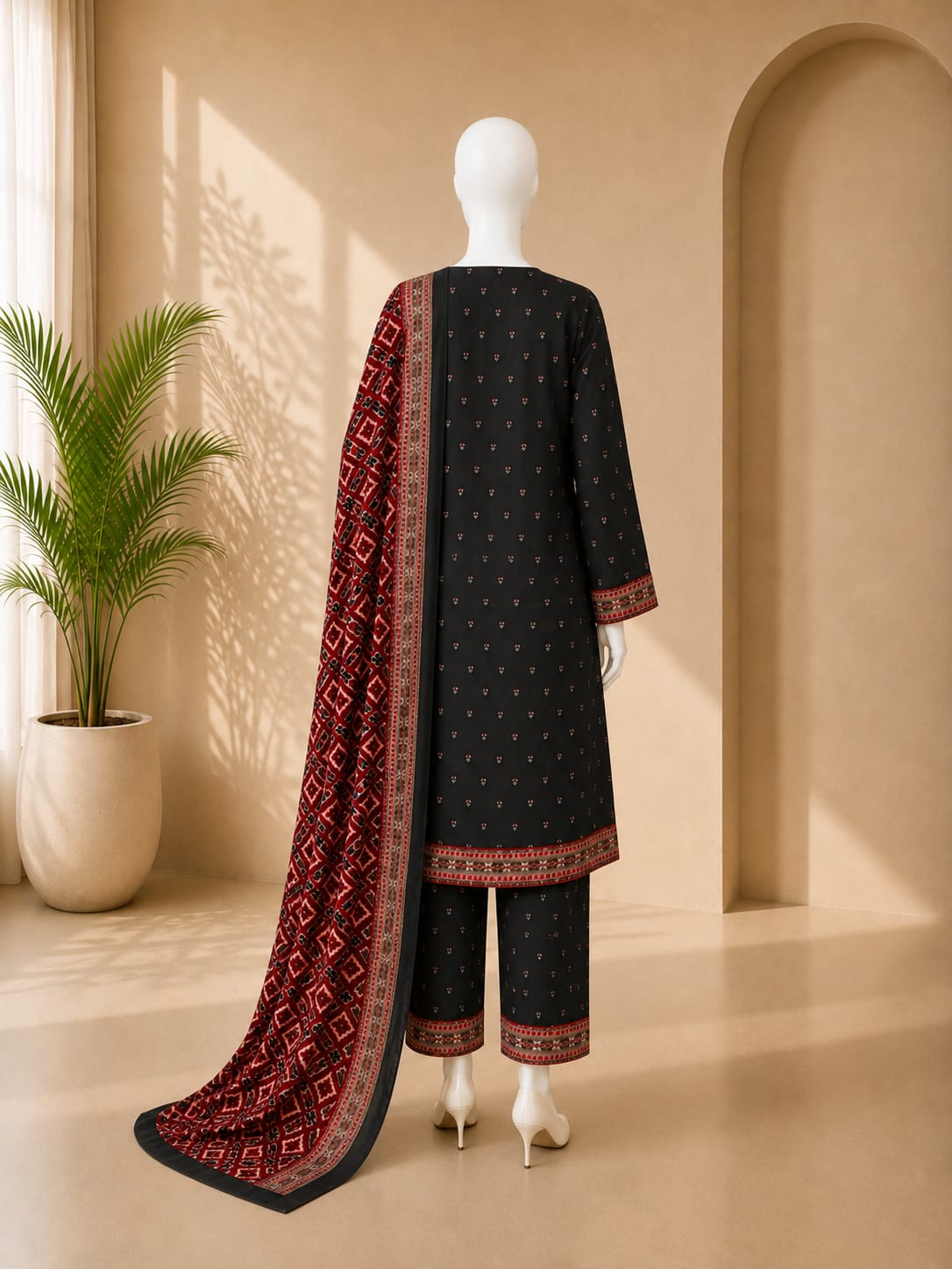 Bin Saeed Lawn 3PC - Black & Red