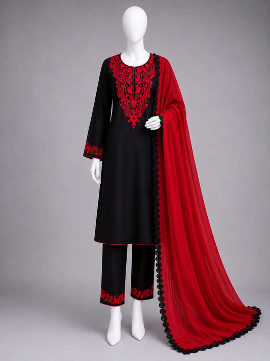 Embroidered Lawn 3PC - Black & Red