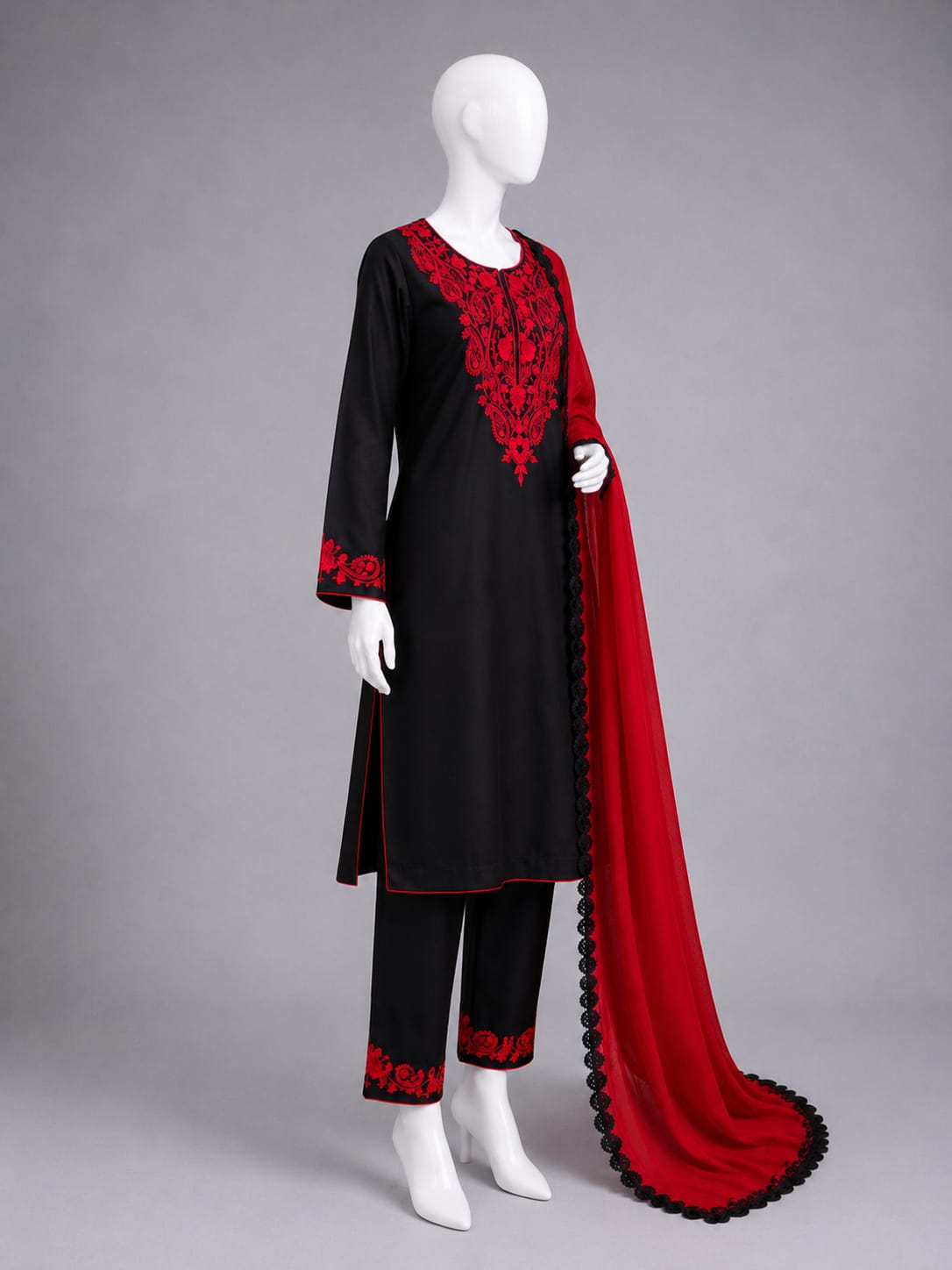 Embroidered Lawn 3PC - Black & Red