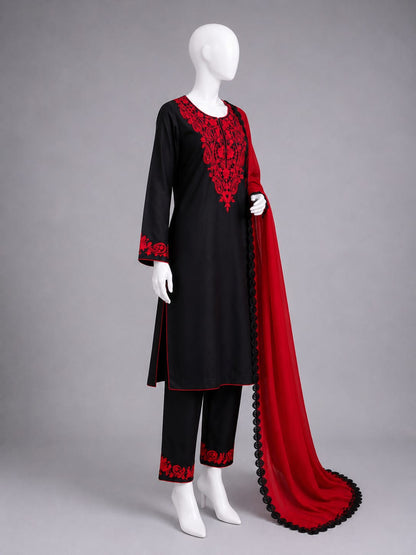 Embroidered Lawn 3PC - Black & Red