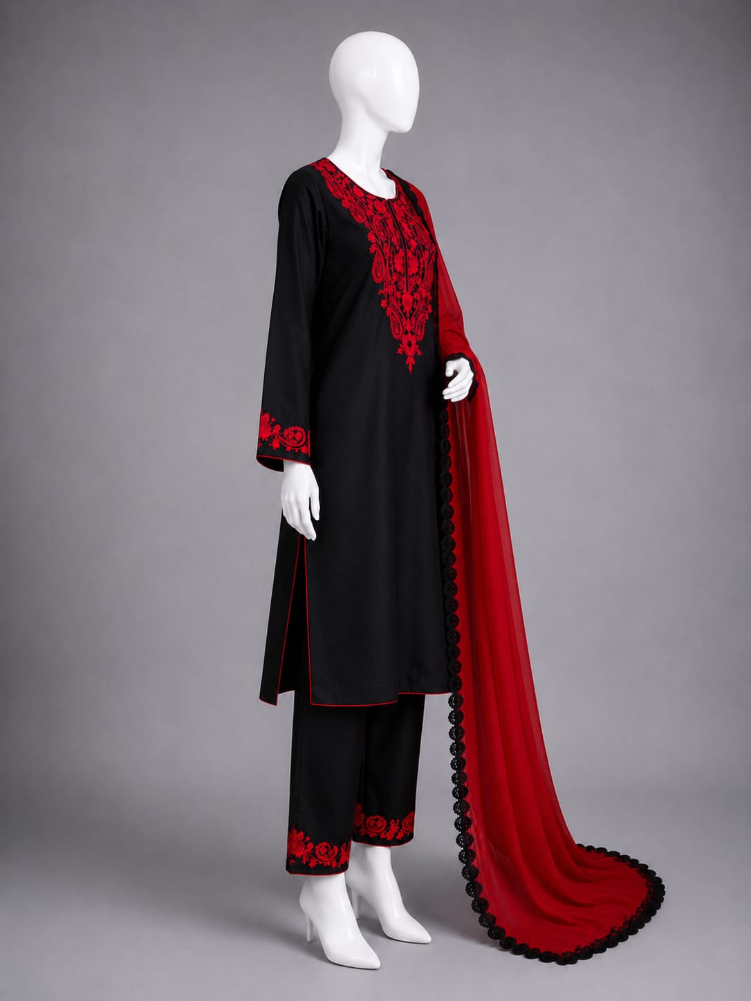 Embroidered Lawn 3PC - Black & Red