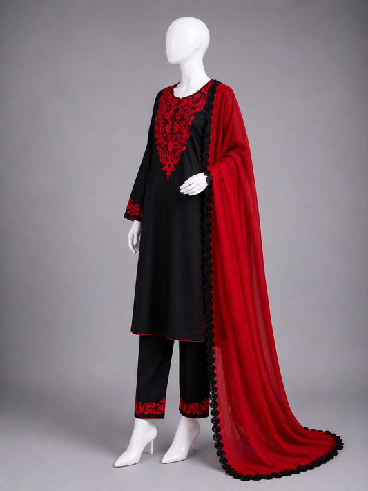 Embroidered Lawn 3PC - Black & Red