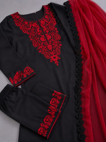 Embroidered Lawn 3PC - Black & Red