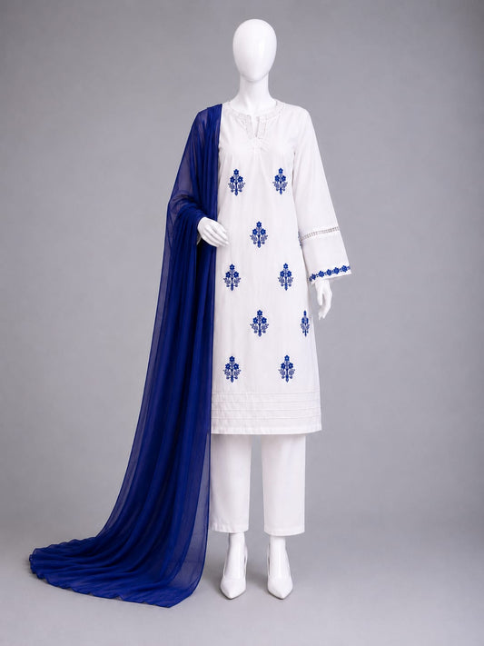 Lawn Collection 3PC - White & Royal Blue