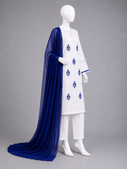 Lawn Collection 3PC - White & Royal Blue
