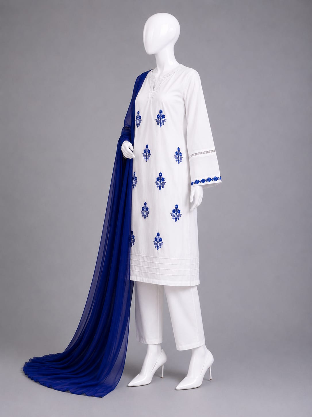 Lawn Collection 3PC - White & Royal Blue