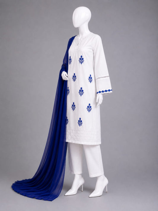 Lawn Collection 3PC - White & Royal Blue