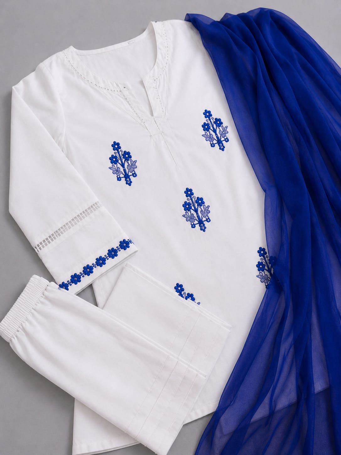 Lawn Collection 3PC - White & Royal Blue
