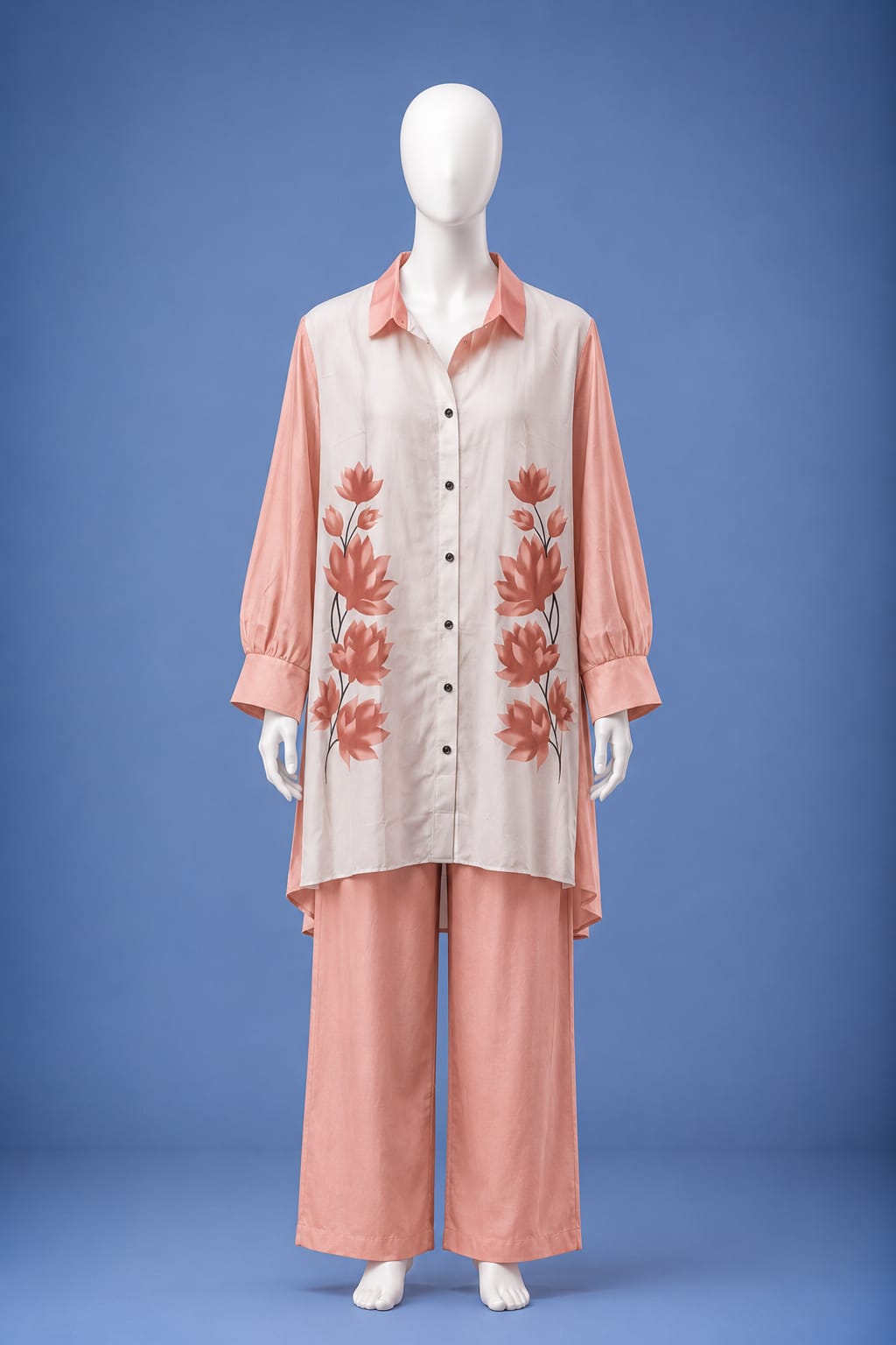 Western Shirt & Trouser Set - Peach & Off White