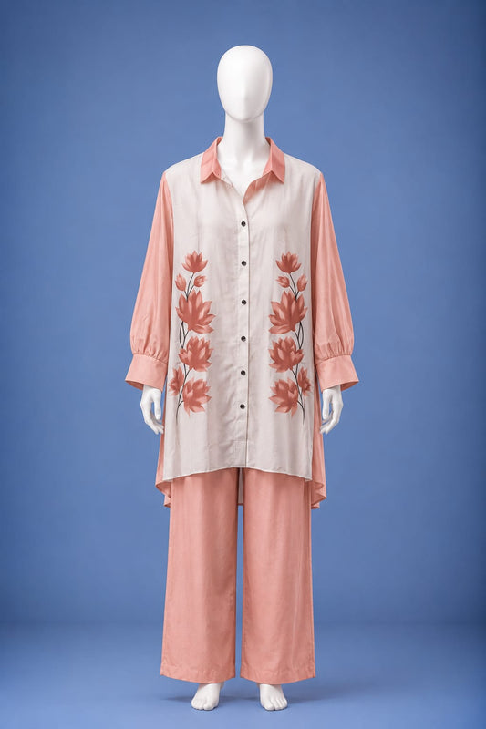 Western Shirt & Trouser Set - Peach & Off White