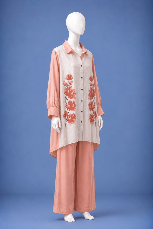 Western Shirt & Trouser Set - Peach & Off White