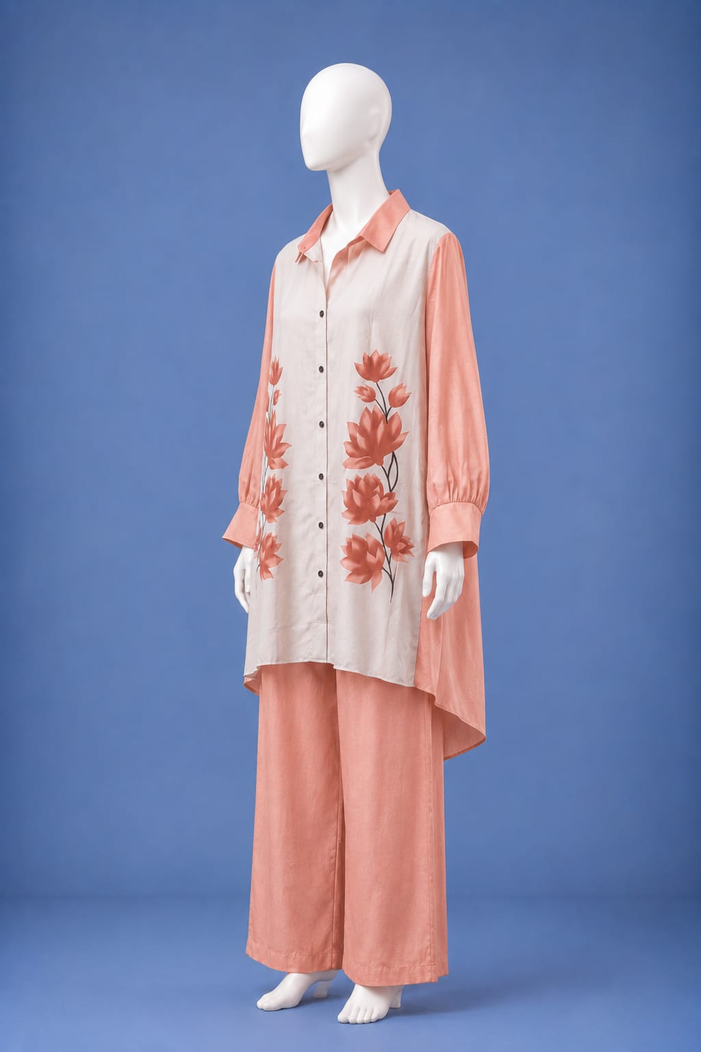 Western Shirt & Trouser Set - Peach & Off White