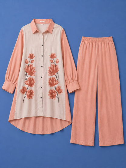 Western Shirt & Trouser Set - Peach & Off White