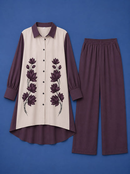 Western Shirt & Trouser Set - Purple & White