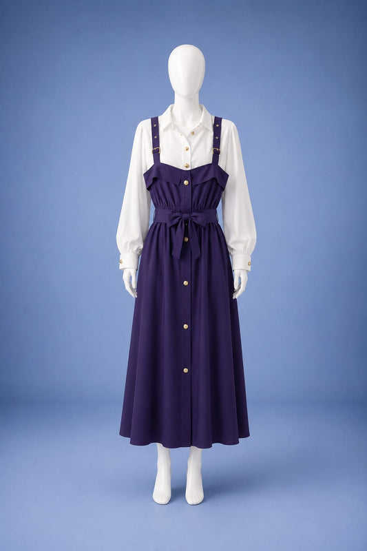 Suspender Midi Dress - Purple & White
