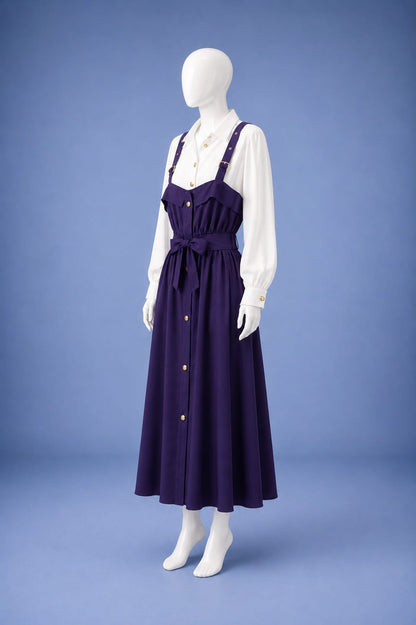 Suspender Midi Dress - Purple & White