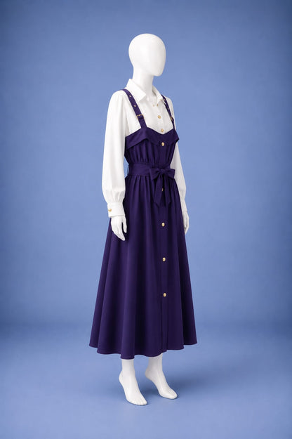 Suspender Midi Dress - Purple & White
