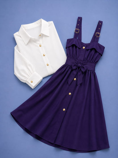 Suspender Midi Dress - Purple & White